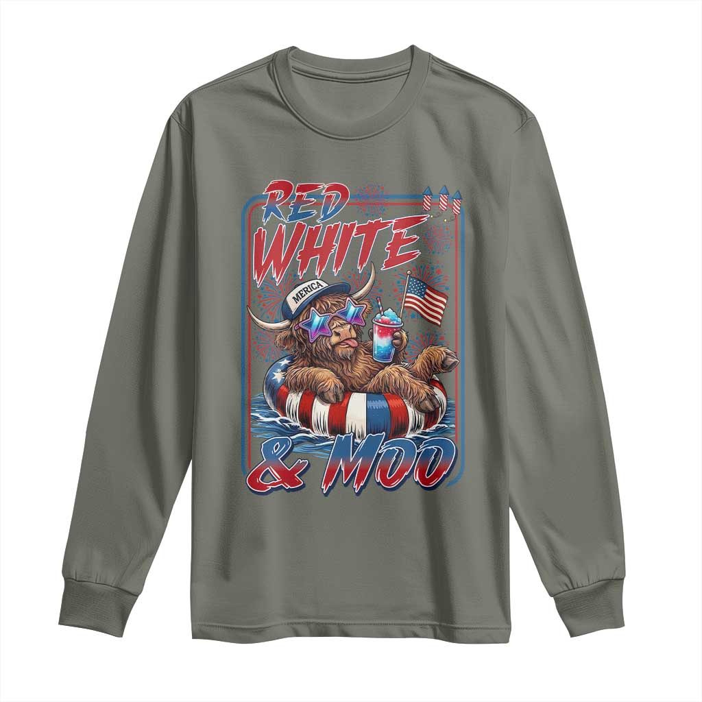 Funny Highland Cow Pool Party 4th Of July Long Sleeve Shirt Red White And Moo