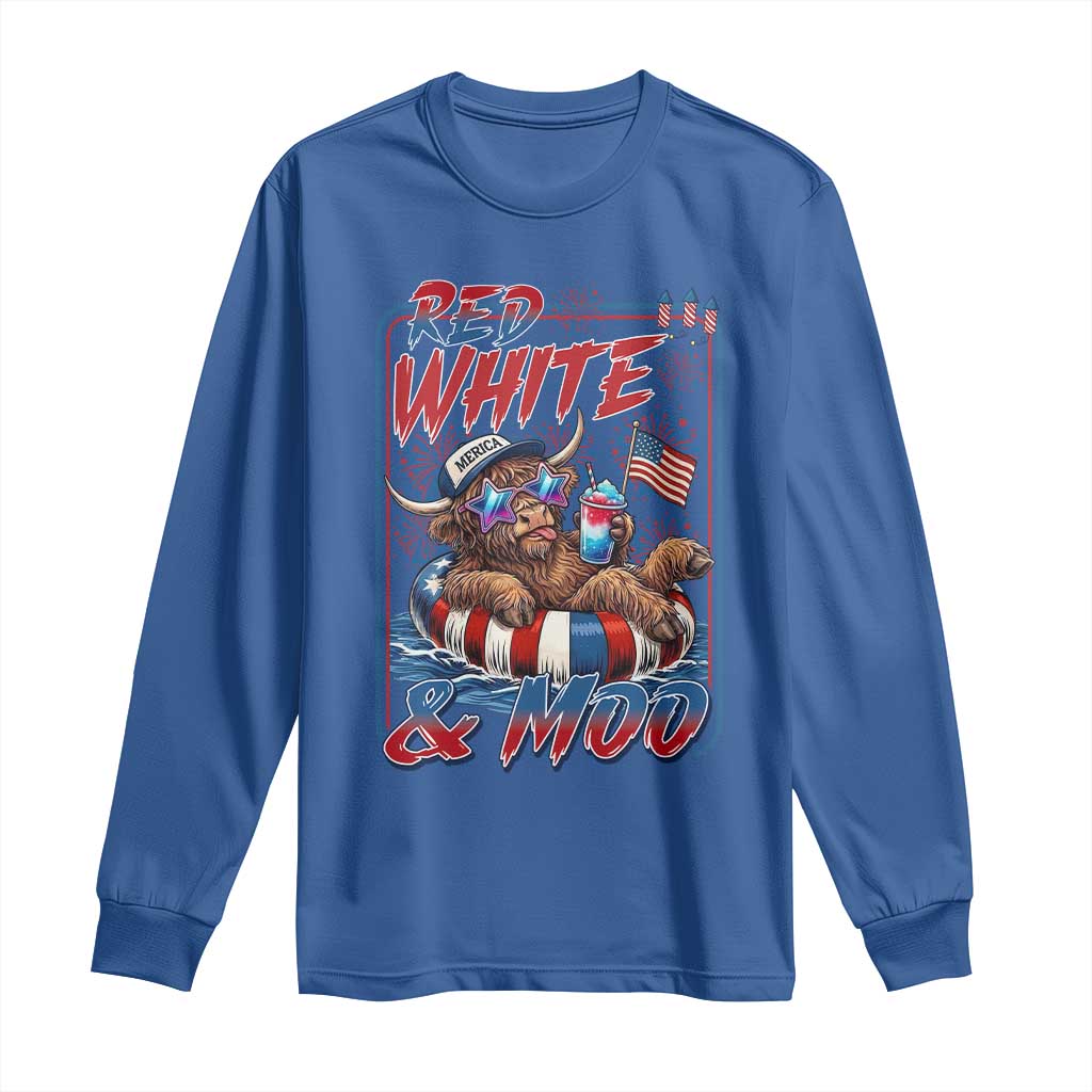 Funny Highland Cow Pool Party 4th Of July Long Sleeve Shirt Red White And Moo