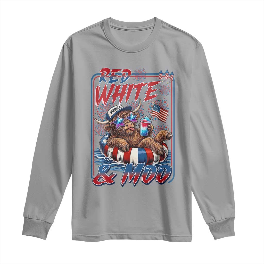 Funny Highland Cow Pool Party 4th Of July Long Sleeve Shirt Red White And Moo