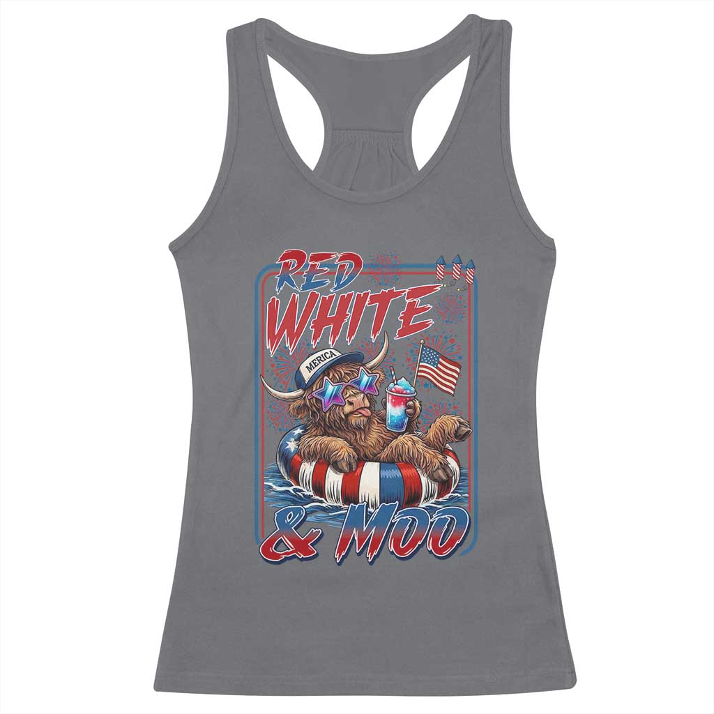 Funny Highland Cow Pool Party 4th Of July Racerback Tank Top Red White And Moo