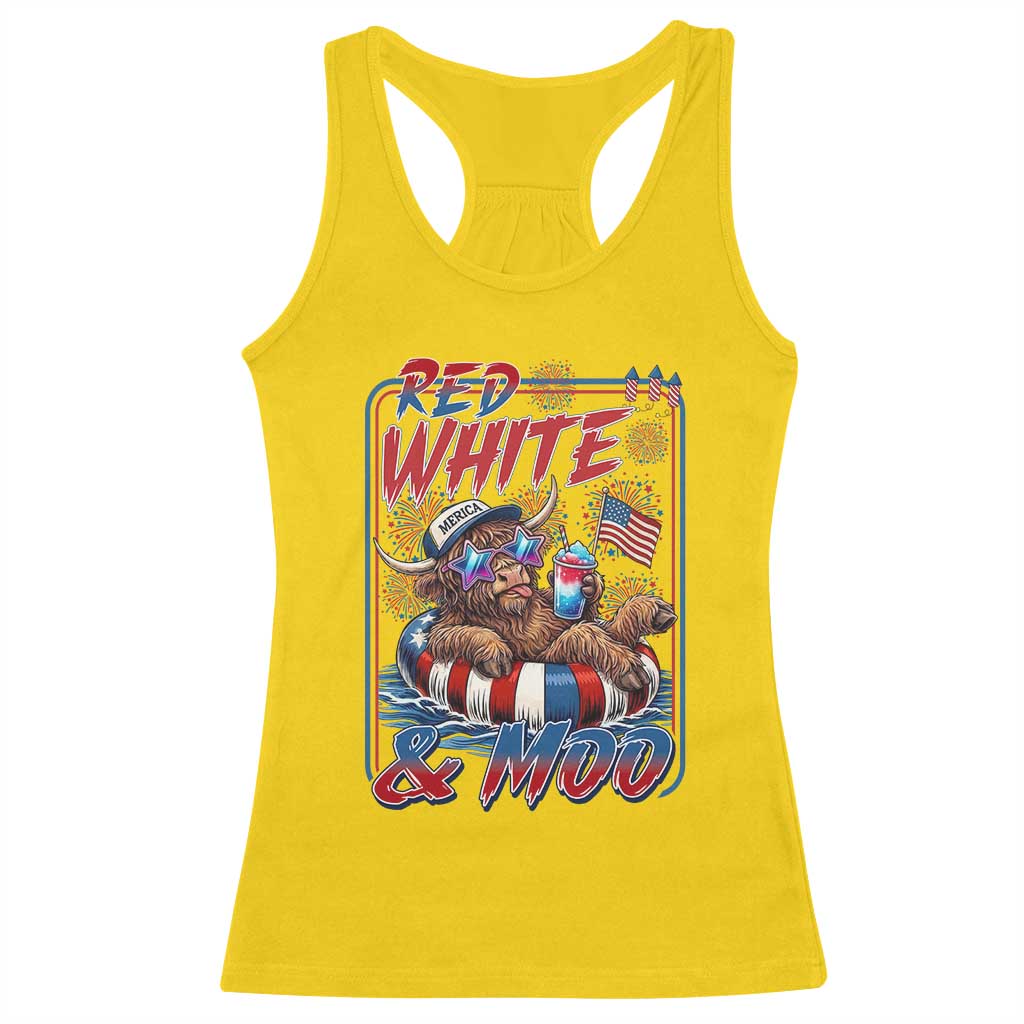 Funny Highland Cow Pool Party 4th Of July Racerback Tank Top Red White And Moo