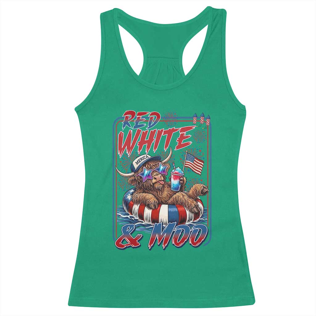 Funny Highland Cow Pool Party 4th Of July Racerback Tank Top Red White And Moo