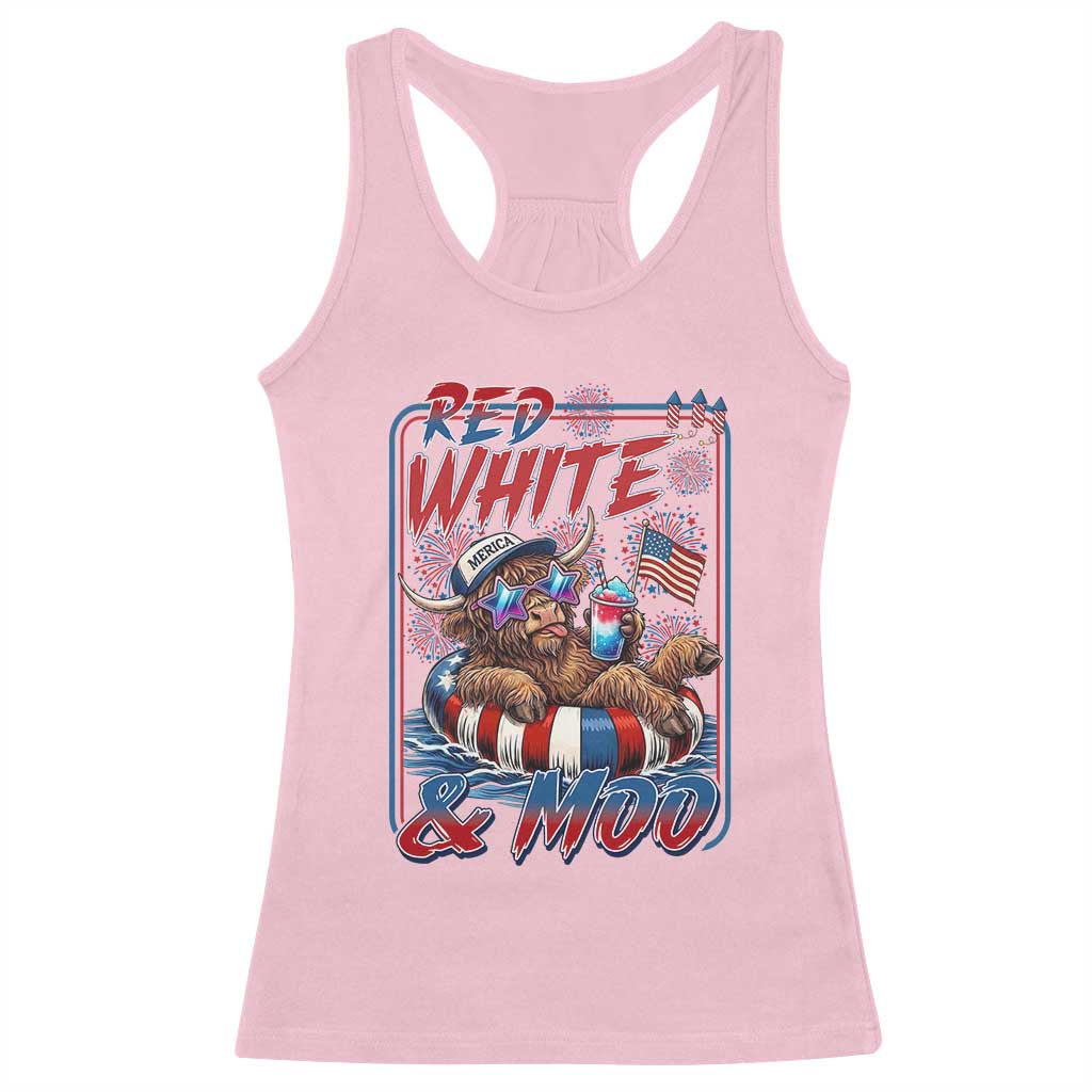 Funny Highland Cow Pool Party 4th Of July Racerback Tank Top Red White And Moo