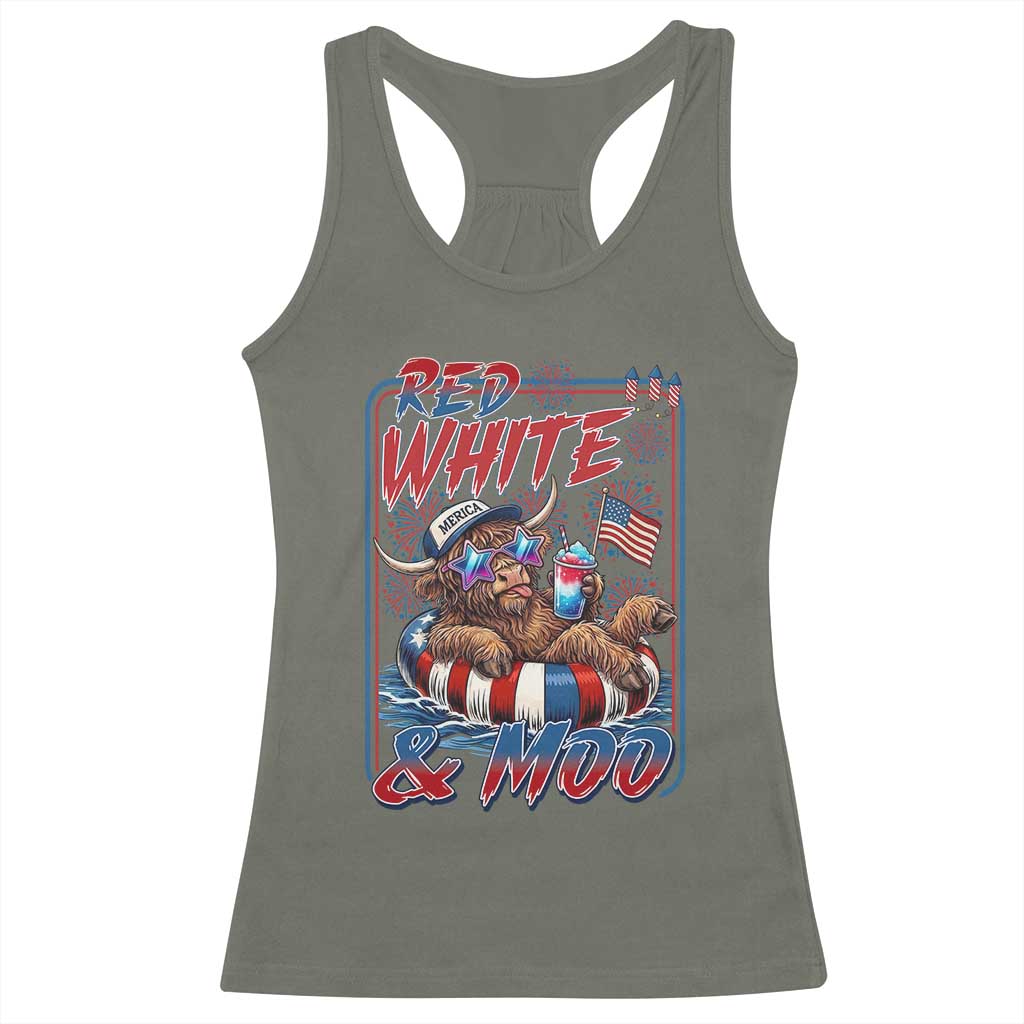 Funny Highland Cow Pool Party 4th Of July Racerback Tank Top Red White And Moo