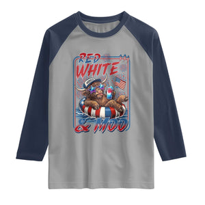 Funny Highland Cow Pool Party 4th Of July Raglan Shirt Red White And Moo