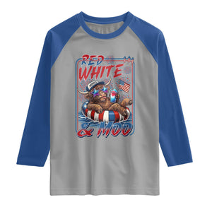 Funny Highland Cow Pool Party 4th Of July Raglan Shirt Red White And Moo