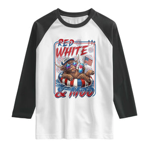 Funny Highland Cow Pool Party 4th Of July Raglan Shirt Red White And Moo