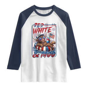 Funny Highland Cow Pool Party 4th Of July Raglan Shirt Red White And Moo