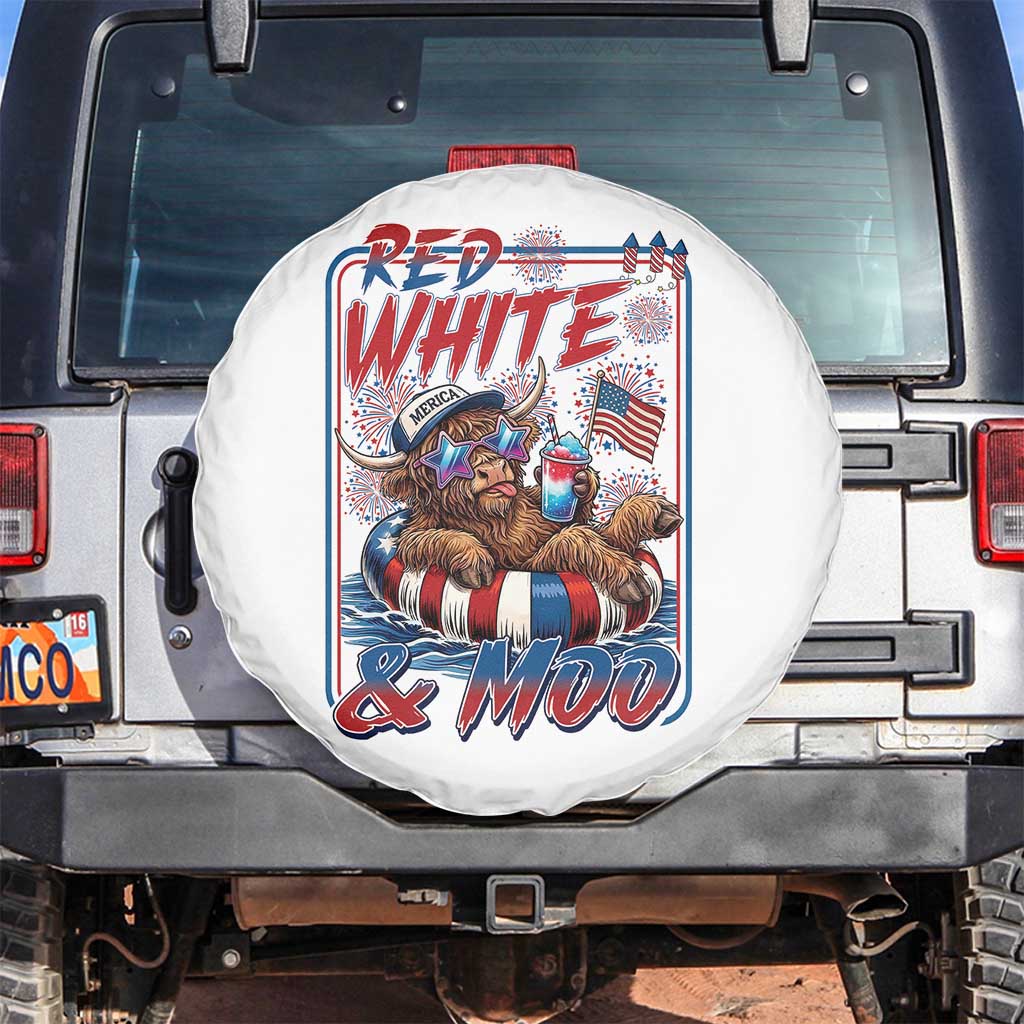 Funny Highland Cow Pool Party 4th Of July Spare Tire Cover Red White And Moo TS12 No hole White Print Your Wear