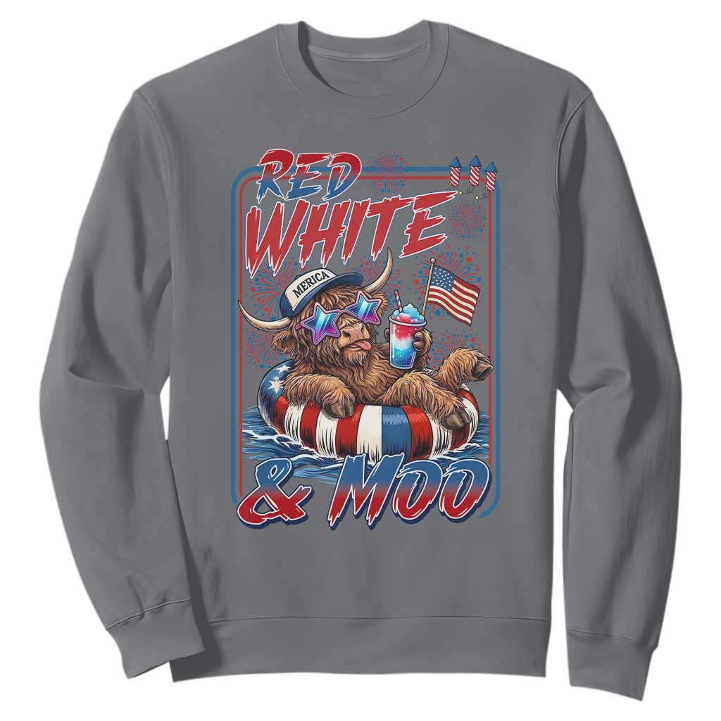 Funny Highland Cow Pool Party 4th Of July Sweatshirt Red White And Moo
