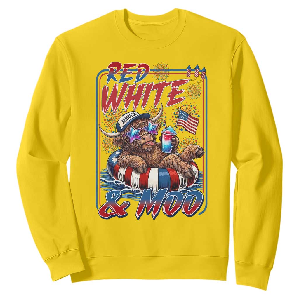 Funny Highland Cow Pool Party 4th Of July Sweatshirt Red White And Moo