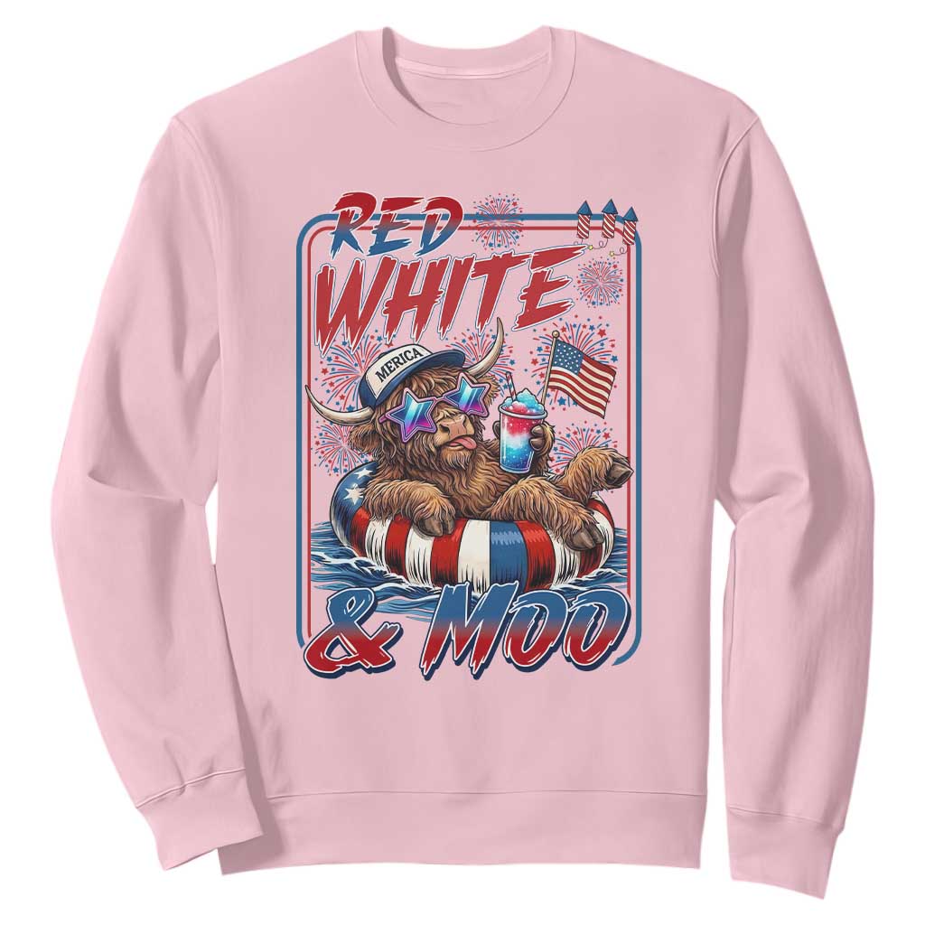 Funny Highland Cow Pool Party 4th Of July Sweatshirt Red White And Moo