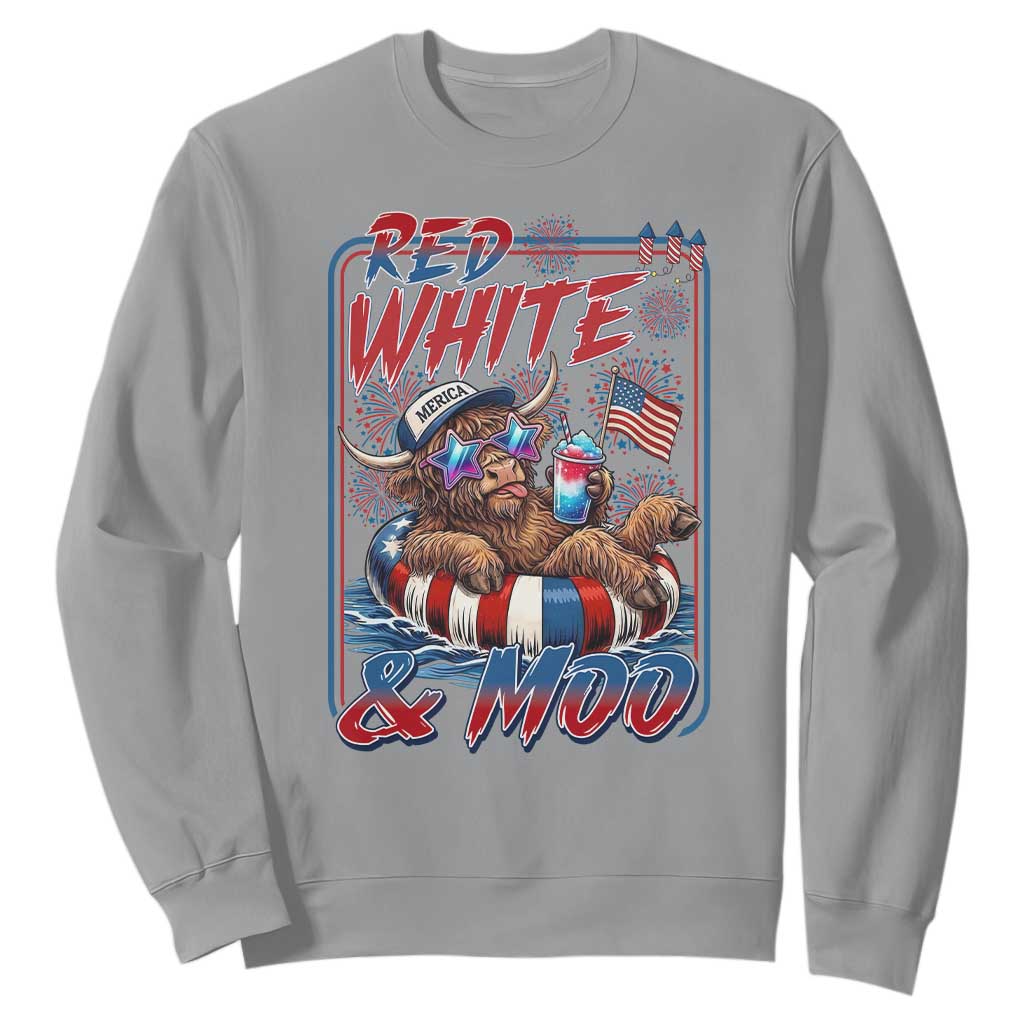 Funny Highland Cow Pool Party 4th Of July Sweatshirt Red White And Moo