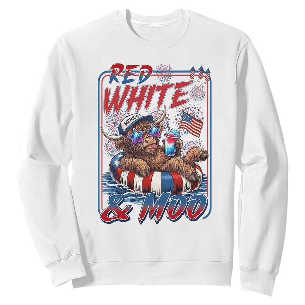 Funny Highland Cow Pool Party 4th Of July Sweatshirt Red White And Moo