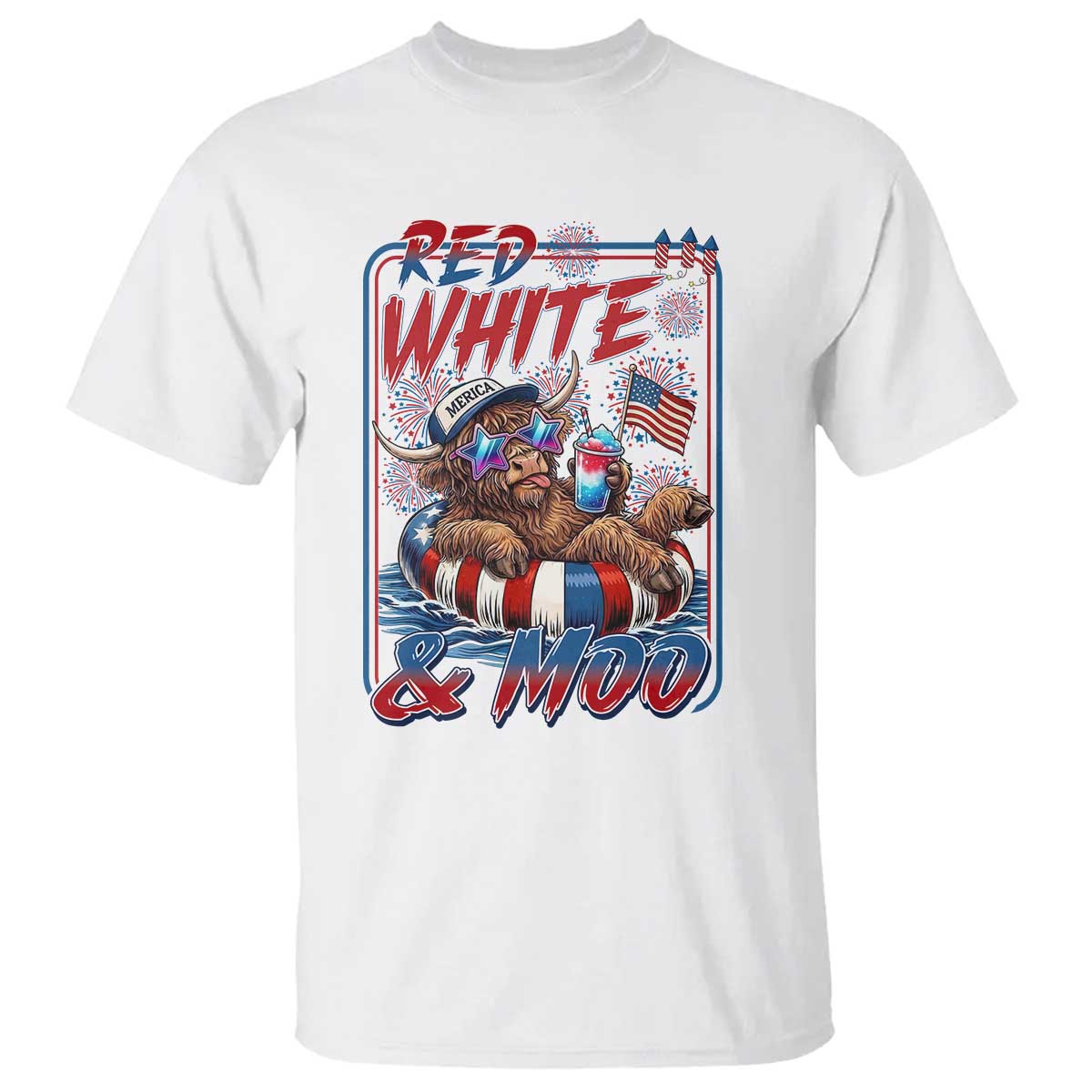 Funny Highland Cow Pool Party 4th Of July T Shirt Red White And Moo TS12 White Print Your Wear