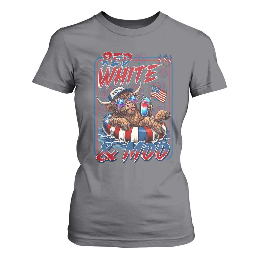 Funny Highland Cow Pool Party 4th Of July T Shirt For Women Red White And Moo