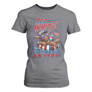 Funny Highland Cow Pool Party 4th Of July T Shirt For Women Red White And Moo