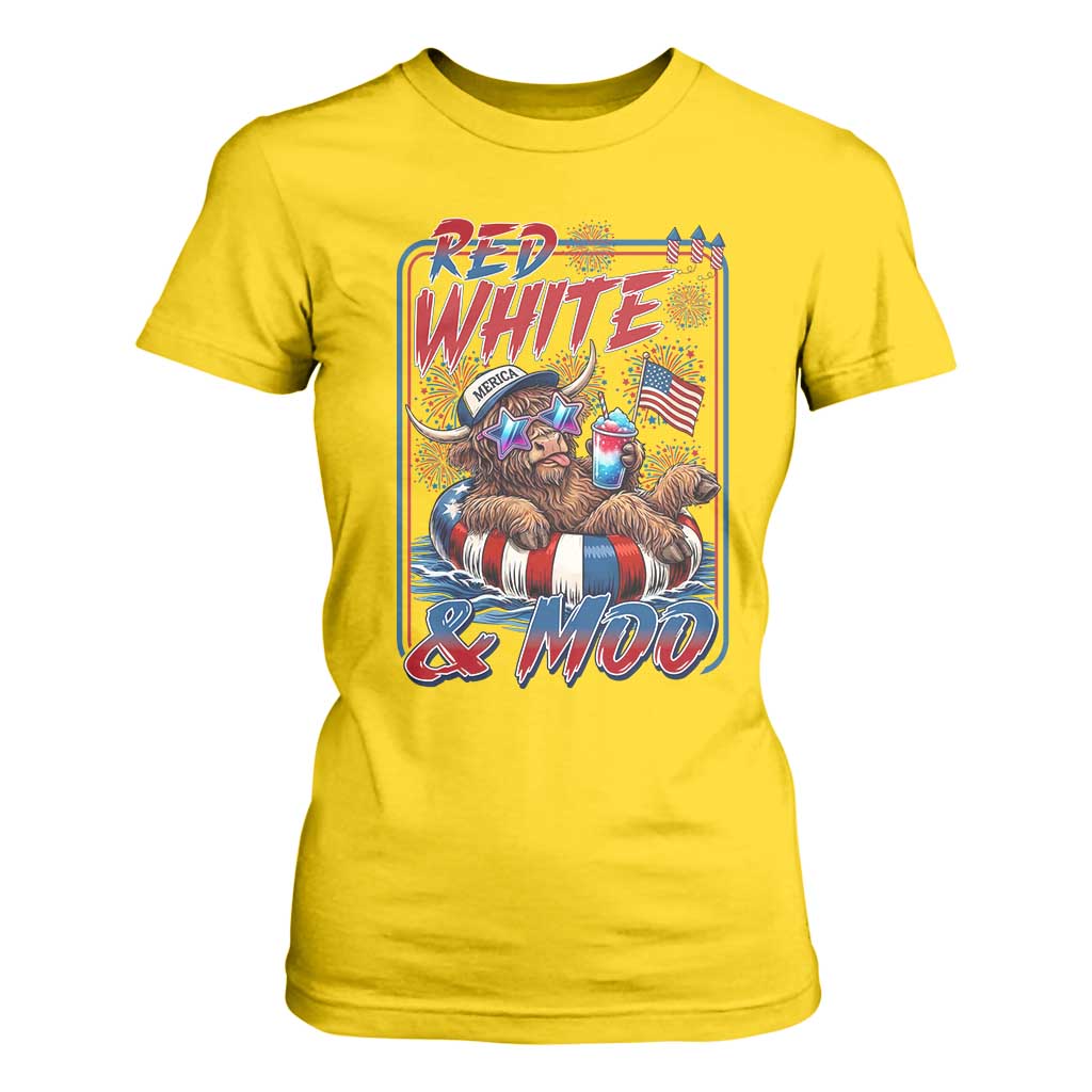 Funny Highland Cow Pool Party 4th Of July T Shirt For Women Red White And Moo