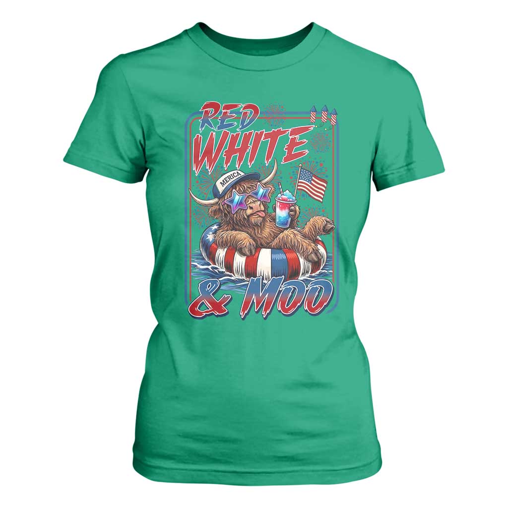 Funny Highland Cow Pool Party 4th Of July T Shirt For Women Red White And Moo