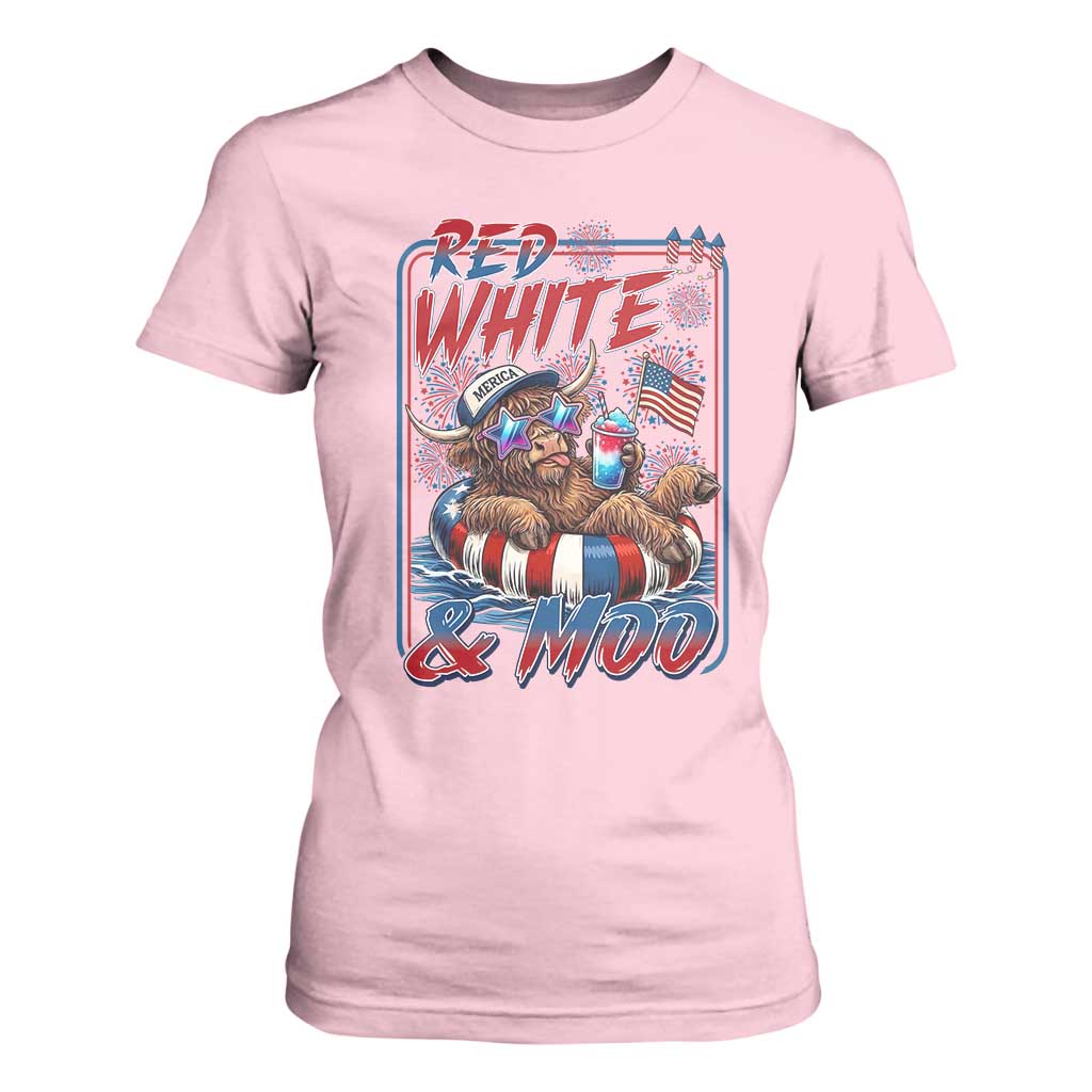 Funny Highland Cow Pool Party 4th Of July T Shirt For Women Red White And Moo