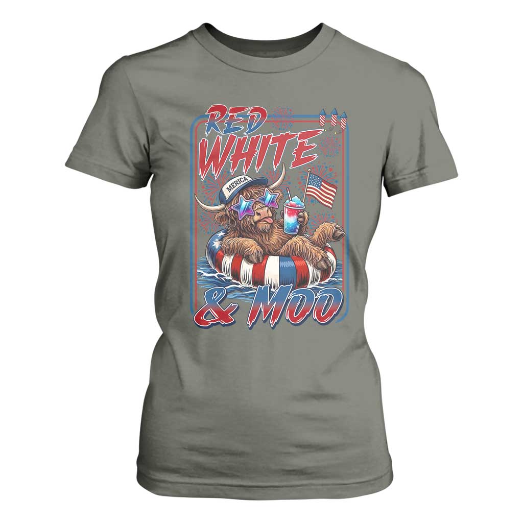Funny Highland Cow Pool Party 4th Of July T Shirt For Women Red White And Moo