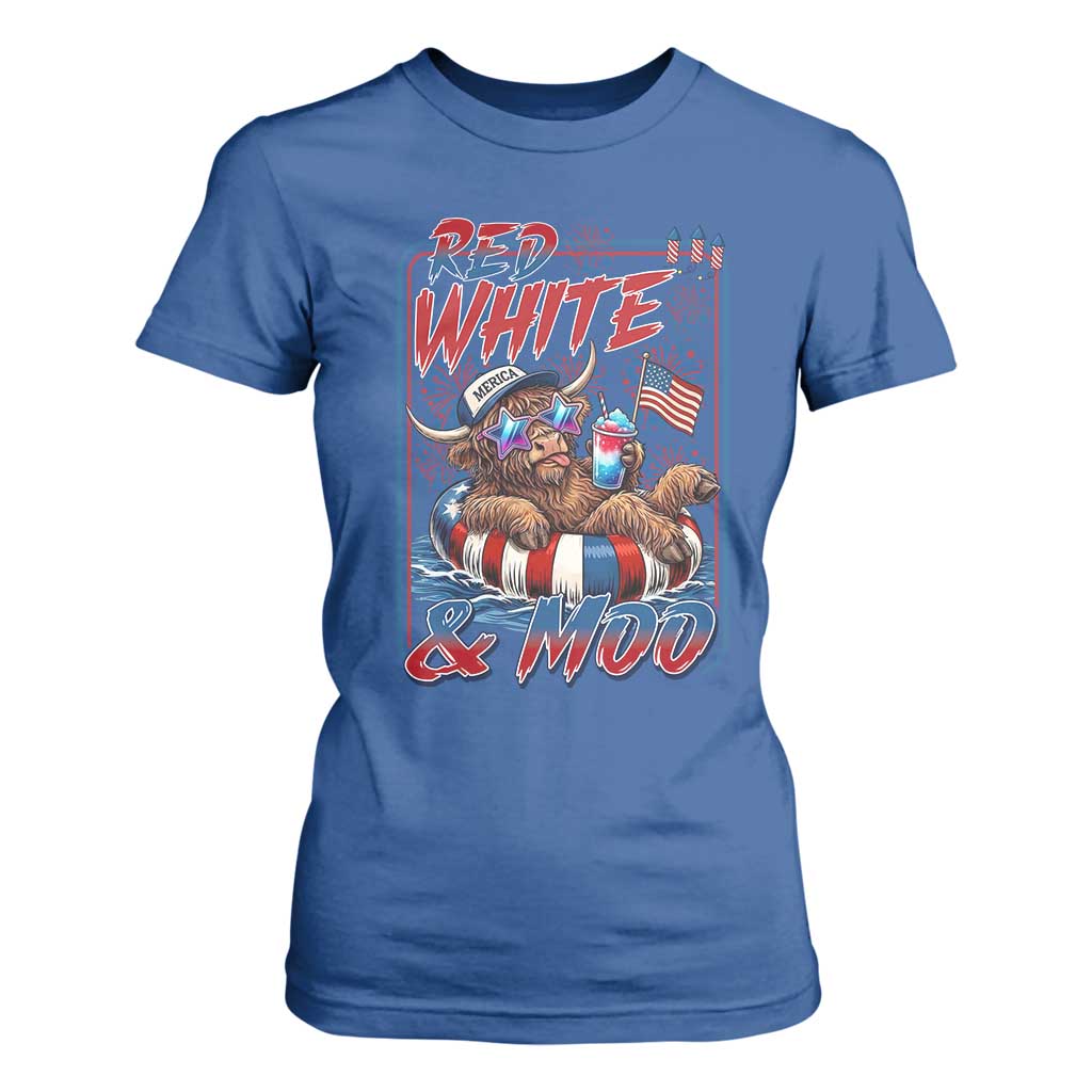 Funny Highland Cow Pool Party 4th Of July T Shirt For Women Red White And Moo
