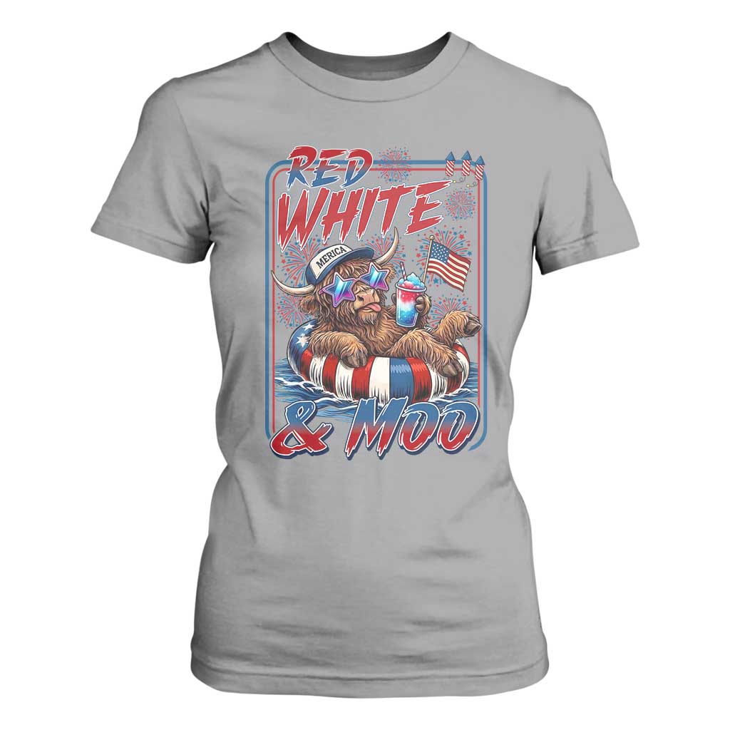 Funny Highland Cow Pool Party 4th Of July T Shirt For Women Red White And Moo