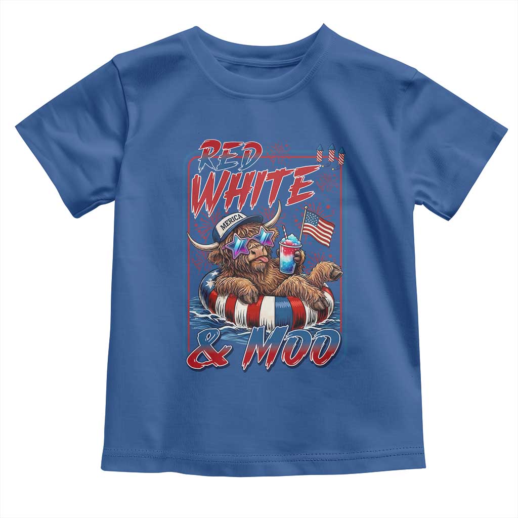 Funny Highland Cow Pool Party 4th Of July Toddler T Shirt Red White And Moo