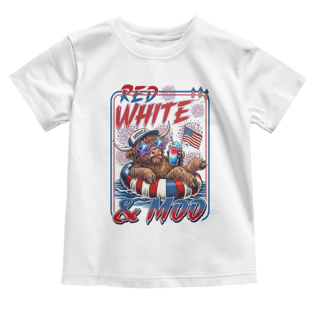 Funny Highland Cow Pool Party 4th Of July Toddler T Shirt Red White And Moo