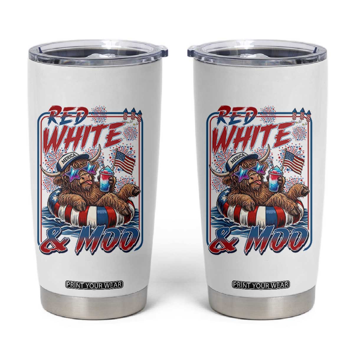 Funny Highland Cow Pool Party 4th Of July Tumbler Cup Red White And Moo TS12 White Print Your Wear
