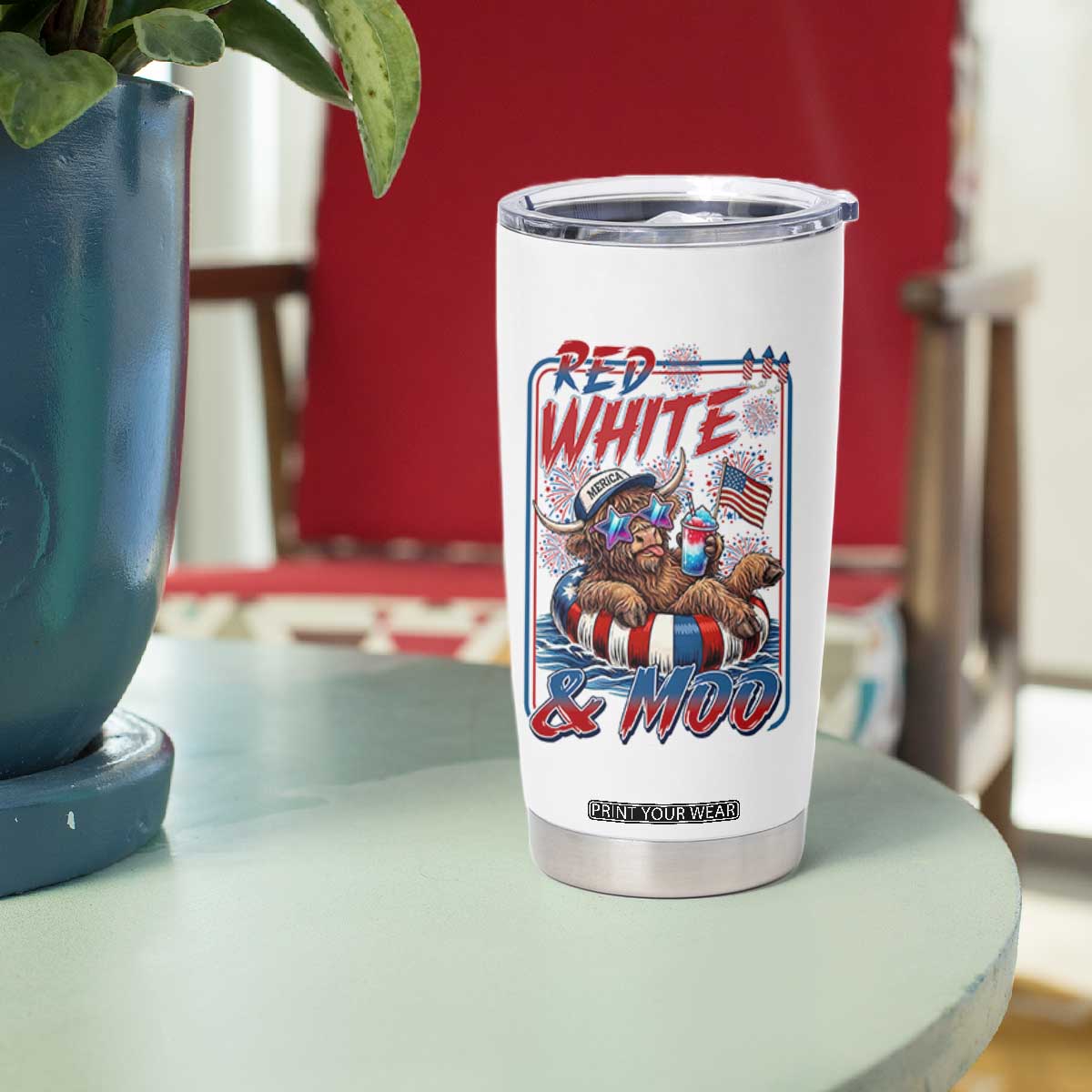 Funny Highland Cow Pool Party 4th Of July Tumbler Cup Red White And Moo
