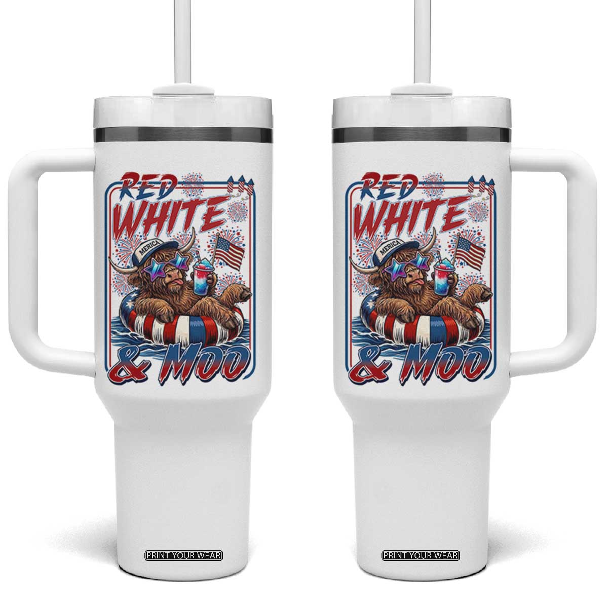 Funny Highland Cow Pool Party 4th Of July Tumbler With Handle Red White And Moo