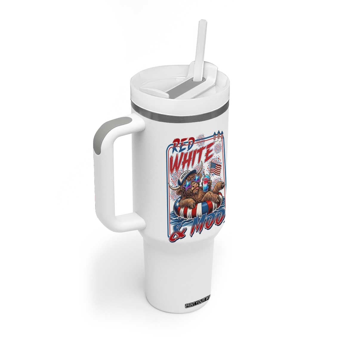 Funny Highland Cow Pool Party 4th Of July Tumbler With Handle Red White And Moo