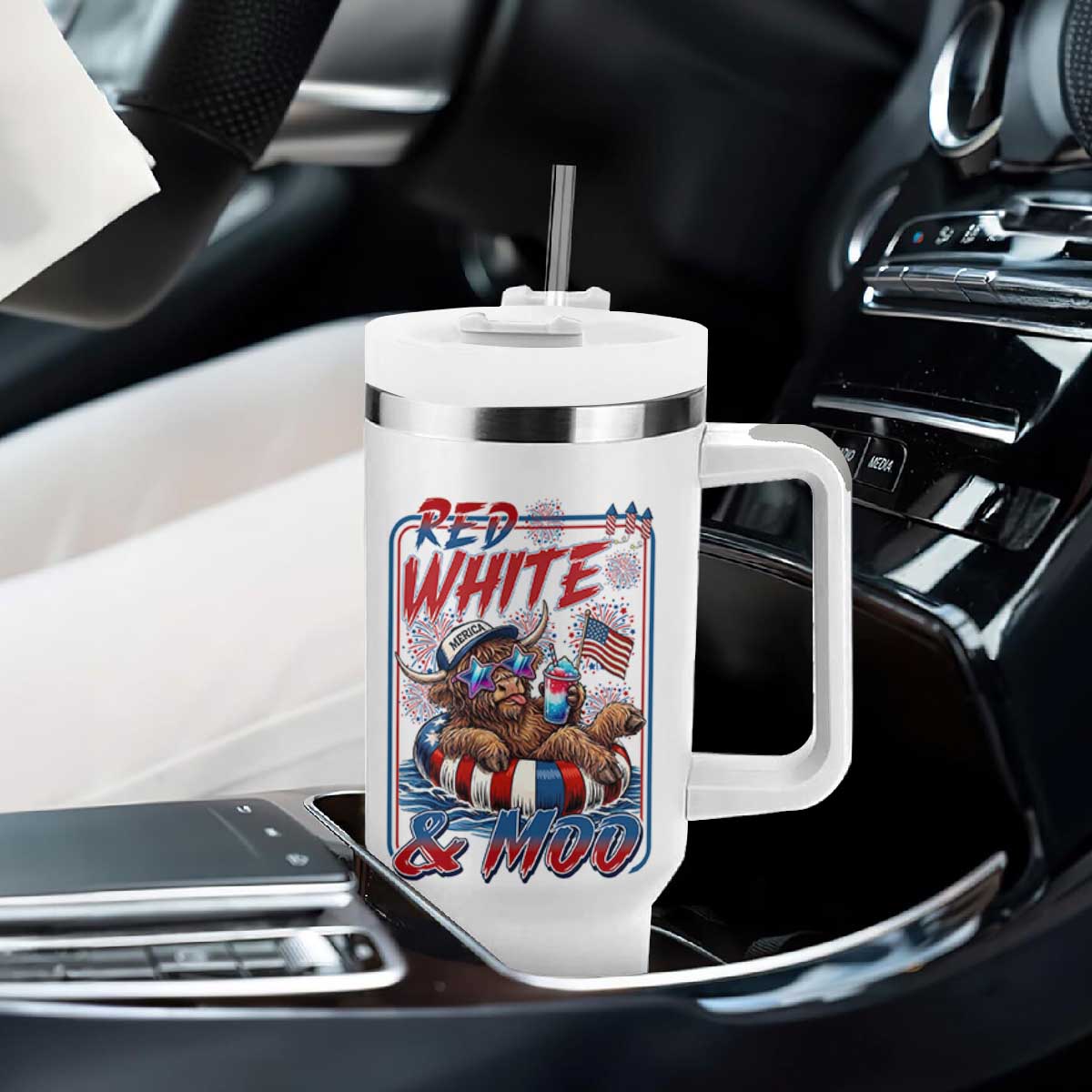 Funny Highland Cow Pool Party 4th Of July Tumbler With Handle Red White And Moo