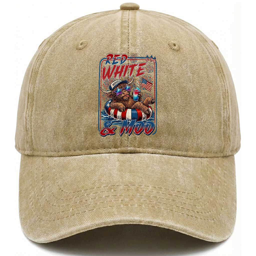 Funny Highland Cow Pool Party 4th Of July Washed Cotton Baseball Cap Red White And Moo TS12 Print Your Wear