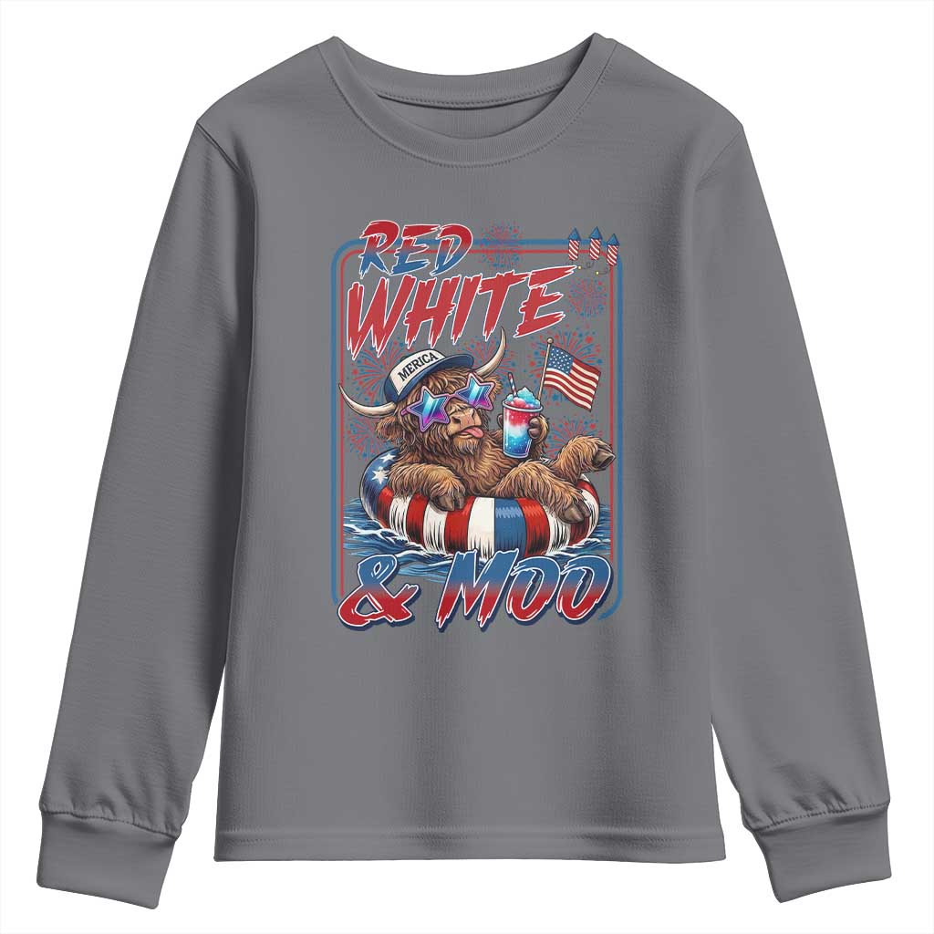 Funny Highland Cow Pool Party 4th Of July Youth Sweatshirt Red White And Moo