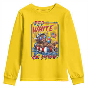 Funny Highland Cow Pool Party 4th Of July Youth Sweatshirt Red White And Moo