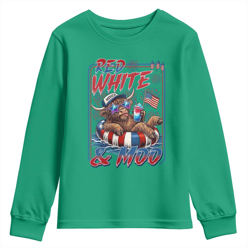 Funny Highland Cow Pool Party 4th Of July Youth Sweatshirt Red White And Moo