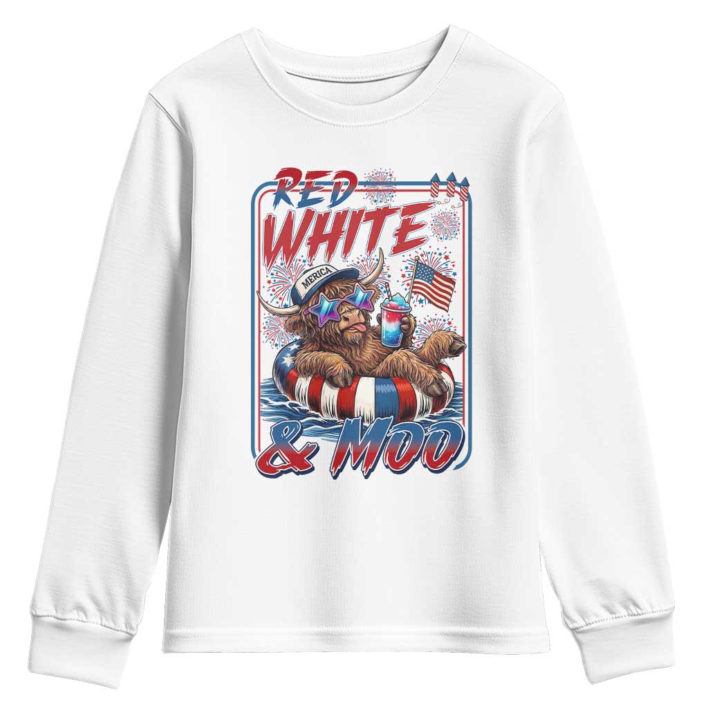 Funny Highland Cow Pool Party 4th Of July Youth Sweatshirt Red White And Moo