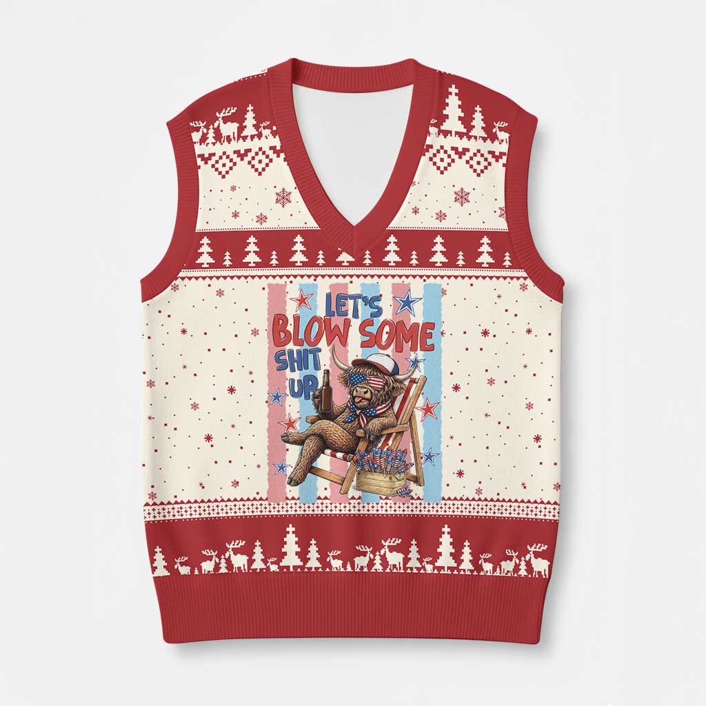 Funny Patriotic Highland Cow V-Neck Knit Sweater Vest 4th Of July Fireworks Celebration