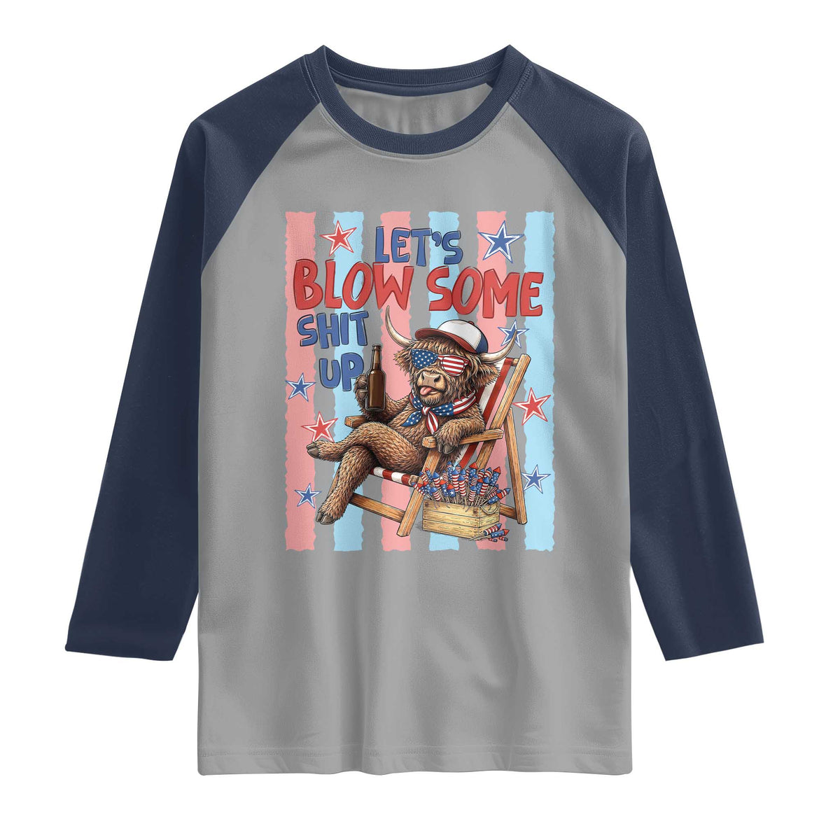 Funny Patriotic Highland Cow Raglan Shirt 4th Of July Fireworks Celebration
