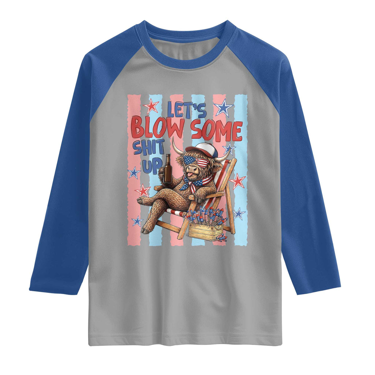 Funny Patriotic Highland Cow Raglan Shirt 4th Of July Fireworks Celebration
