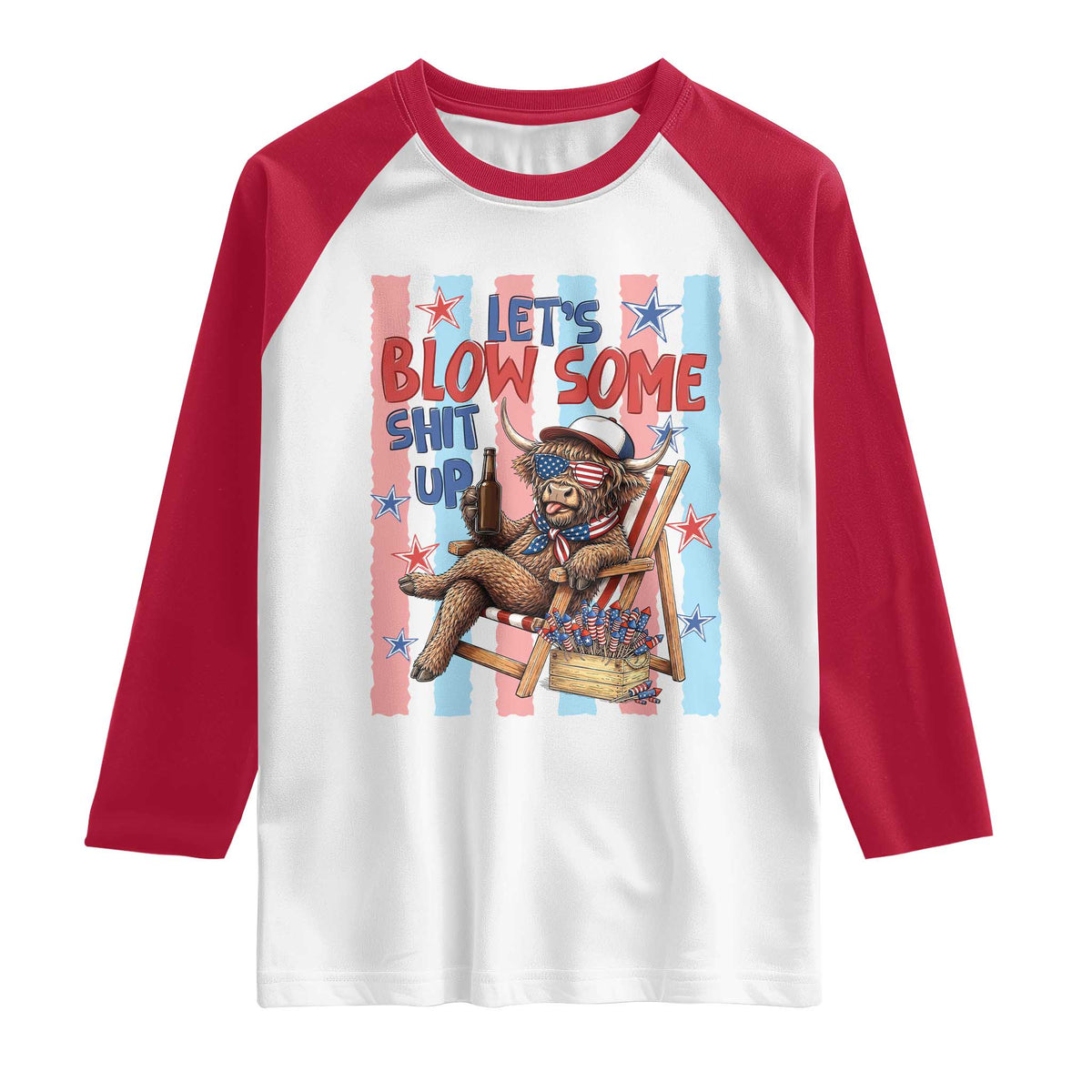 Funny Patriotic Highland Cow Raglan Shirt 4th Of July Fireworks Celebration