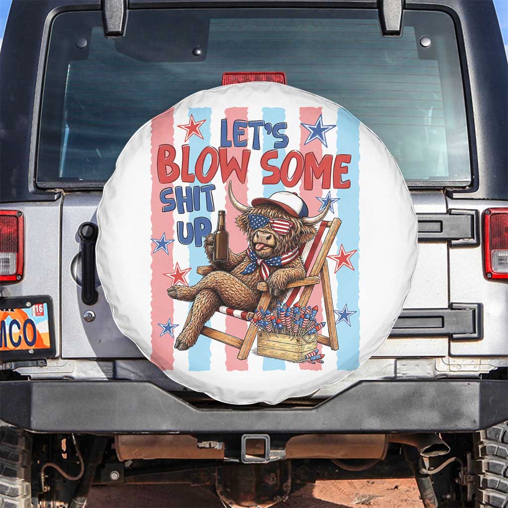 Funny Patriotic Highland Cow Spare Tire Cover 4th Of July Fireworks Celebration