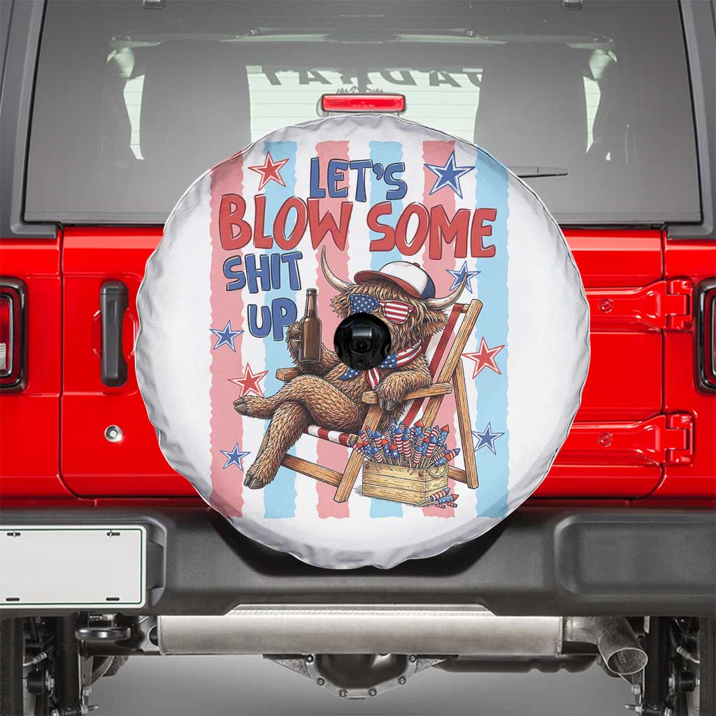 Funny Patriotic Highland Cow Spare Tire Cover 4th Of July Fireworks Celebration