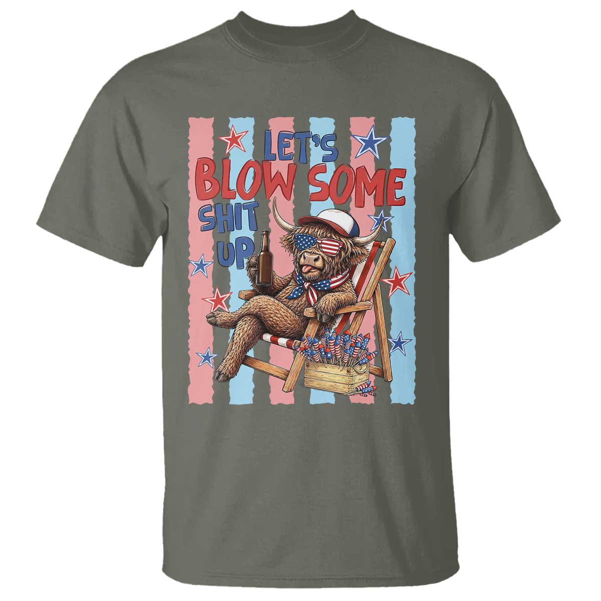 Funny Patriotic Highland Cow T Shirt 4th Of July Fireworks Celebration