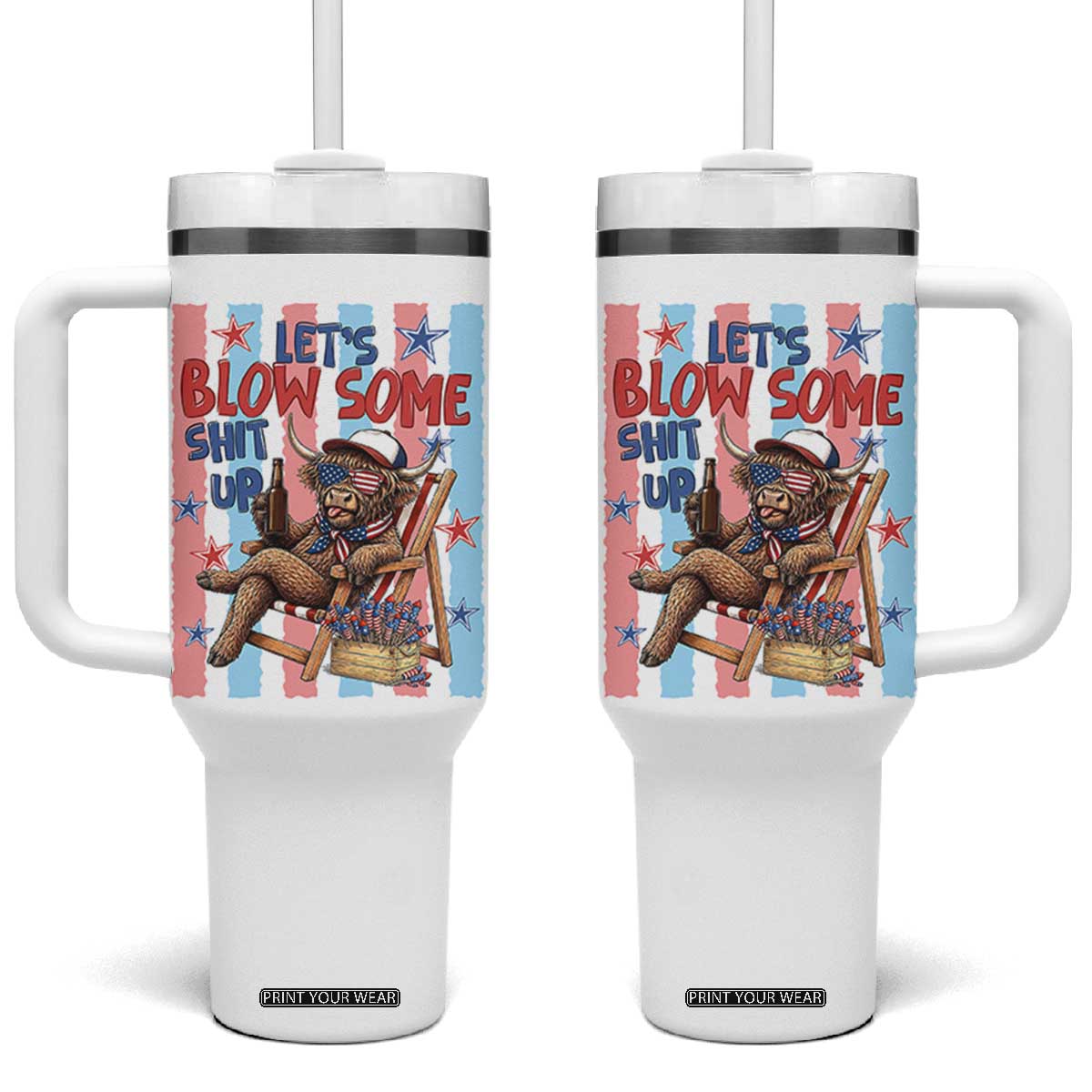 Funny Patriotic Highland Cow Tumbler With Handle 4th Of July Fireworks Celebration