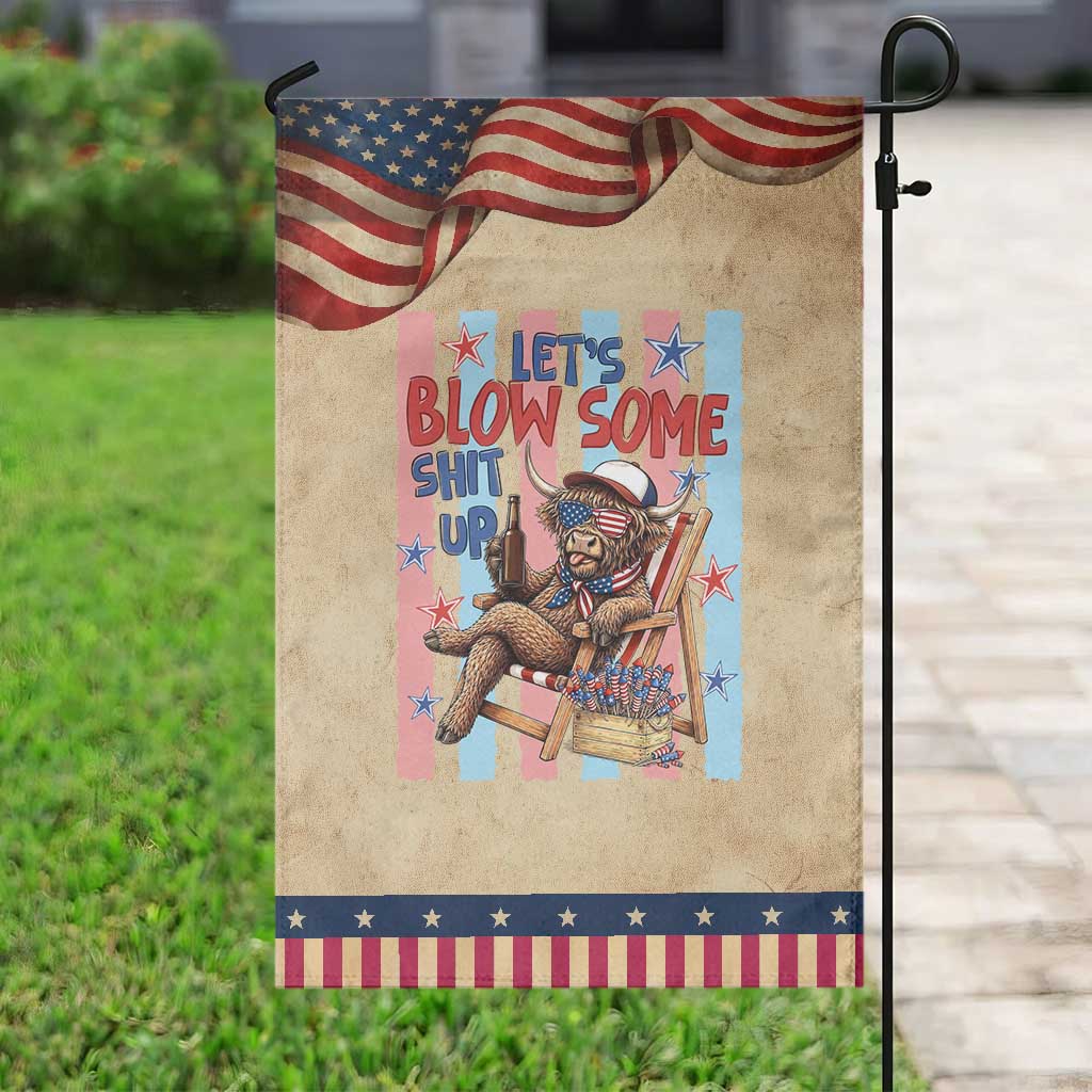 Funny Highland Cow Patriotic Garden Flag 4th Of July Fireworks Celebration TS12 Vintage Rustic Tan Navy Print Your Wear