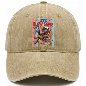 Funny Patriotic Highland Cow Washed Cotton Baseball Cap 4th Of July Fireworks Celebration