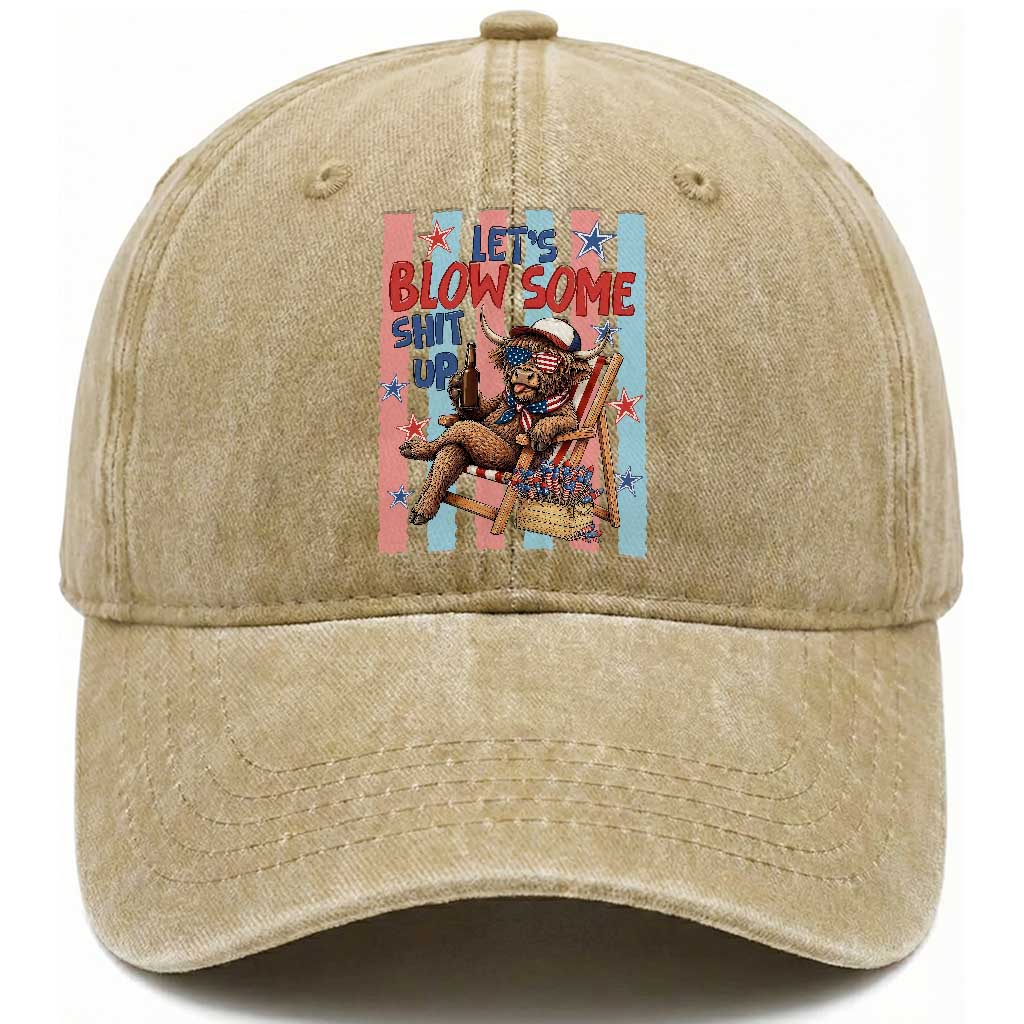 Funny Patriotic Highland Cow Washed Cotton Baseball Cap 4th Of July Fireworks Celebration TS12 Print Your Wear